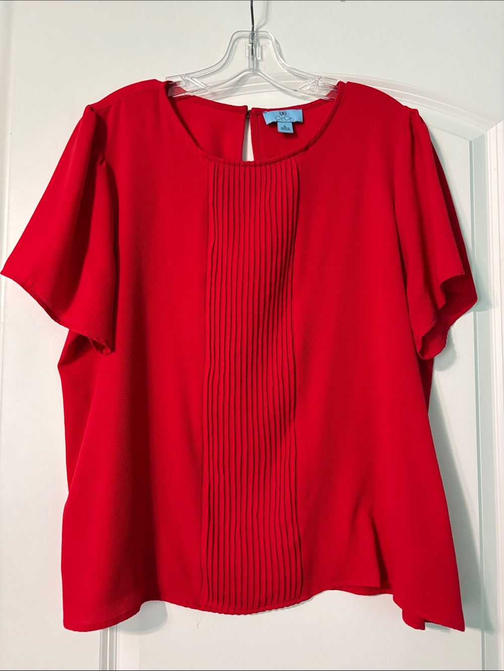 CeCe Bright Red Pleated Front Short Sleeve flowy Blouse